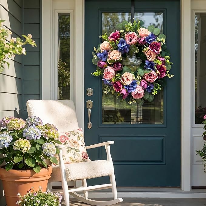 Svndlyn 22 Inch Pre-lit Artificial Spring Wreath for Front Door with Timer - 20 LED Lights, Pink Rose Peony & Eucalyptus Floral Decor, Battery Operated Summer Wreath for Indoor Covered Outdoor