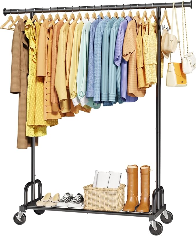 Clothes Rack - Large-Capacity Clothing Racks for Hanging Clothes with Lockable Wheels, Space-Saving Metal Coat Rack for Bedroom, Laundry Room, Entryway, 45.6" x 16.9" x 59", Black