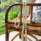 OMISHE Wood Bead Garland with Tassels 52 Inches, Handmade Wooden Beads with Round Acrylic Beads, Boho Farmhouse Wooden Decorative Beads for Home Tiered Tray Beach Decor, Light Blue
