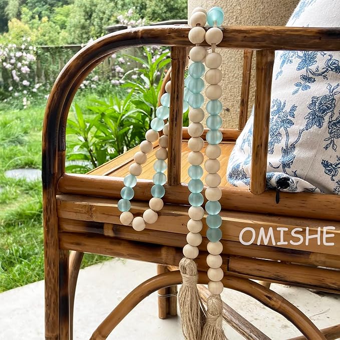 OMISHE Wood Bead Garland with Tassels 52 Inches, Handmade Wooden Beads with Round Acrylic Beads, Boho Farmhouse Wooden Decorative Beads for Home Tiered Tray Beach Decor, Light Blue