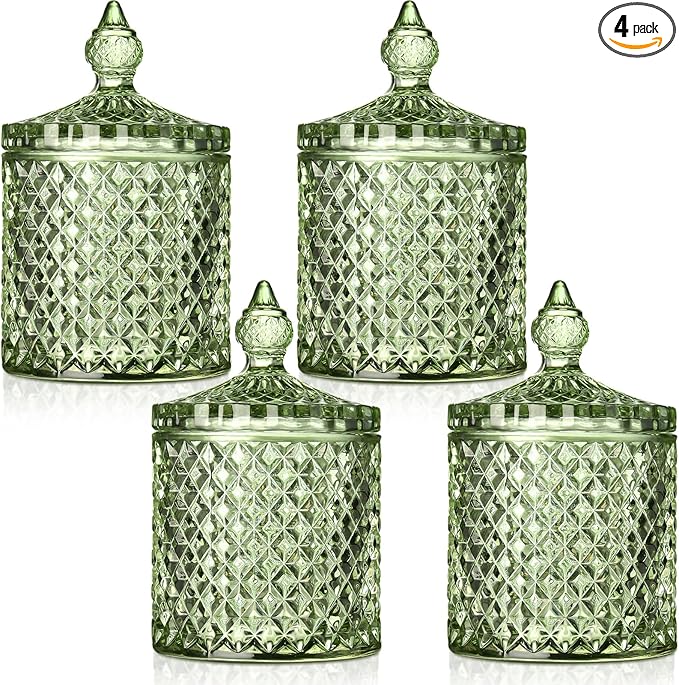 Aoriher 4 Pcs Crystal Glass Candy Jar Set with Lids Home Decorative Storage Jars for Apothecary, Bathroom, Kitchen, and Pantry, Ideal for Cotton Swabs and Jewelry (Medium,Green)