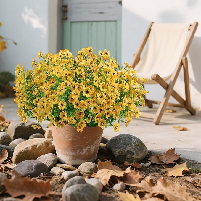 Artificial Faux Flowers Plants for Outdoors Outside Spring Summer Decoration,12 Bundles Realistic Fake Flowers Plant Greenery Silk Daisy UV Resistant Planters Balcony Porch Patio Garden Home（Yellow）