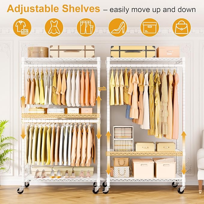 P5 Rolling Clothes Rack Heavy Duty, Clothing Racks for Hanging Clothes, Metal Garment Rack with Wheels, 3-Tier Portable Closet Rack 39.4'' W × 20.5'' D × 80.5'' H, Max Load 650 Lbs, White
