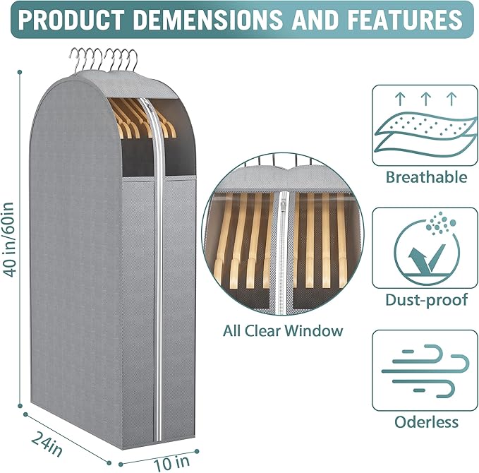 10" Gusseted Garment Bags for Hanging Clothes with clear window, (40&60") Suit Bags for Open Closet Storage, Clothing Cover for Coat, Dress, Jacket, Shirt, Fur Wardrobe Protector, 3 Packs