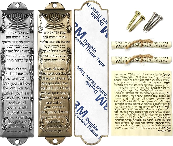 Mezuzah with Scroll for Door, Metal Mezuzah Cases with Double Sided Tape, Waterproof Plaque with English and Hebrew Blessing Scripture for Jewish House Warming Gift, Hannukah Decor (2 Pcs)