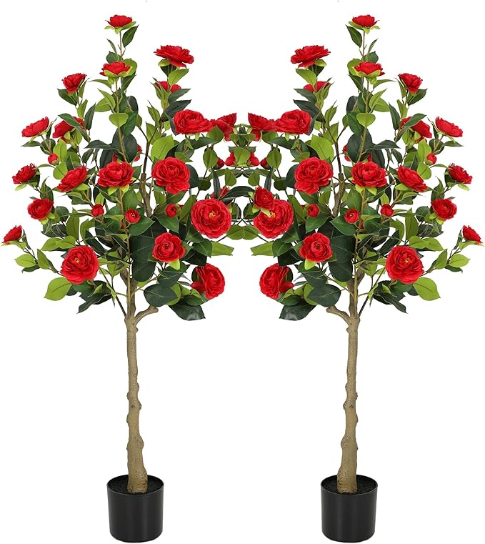 Bellacat 4ft Artificial Camellia Tree with Silk Red Flowers, 48in Faux Camellia Plant with Lifelike Trunk, Fake Flower Tree Potted Front Door Plants for Porch Patio Deck Living Room Decor, 2Pack