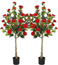Bellacat 4ft Artificial Camellia Tree with Silk Red Flowers, 48in Faux Camellia Plant with Lifelike Trunk, Fake Flower Tree Potted Front Door Plants for Porch Patio Deck Living Room Decor, 2Pack