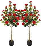Bellacat 4ft Artificial Camellia Tree with Silk Red Flowers, 48in Faux Camellia Plant with Lifelike Trunk, Fake Flower Tree Potted Front Door Plants for Porch Patio Deck Living Room Decor, 2Pack