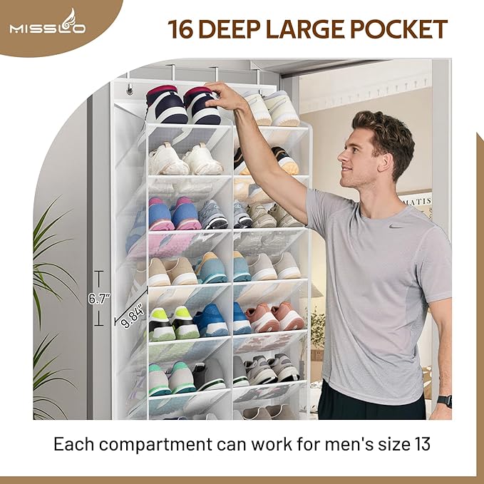 MISSLO 24 Pairs Over the Door Shoe Organizer Breathable Mesh Hanging Shoe Rack for Closet Storage with Wide Deep Pockets 8 Tier Shoes Holder Fit All the Family's Sneakers, Boots, Heels (White, 57.5")