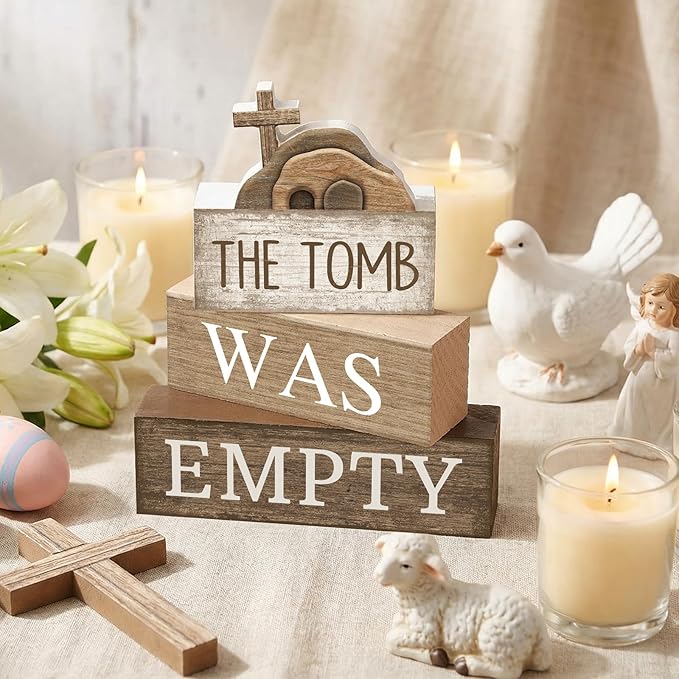Lineshading 4 Pcs Easter Table Decorations Empty Tomb Wooden Block Sign Resurrection Scene Christian Decor with Cross, Vintage Religious Centerpieces for Easter, Home, Church, Faith Gift for Believers