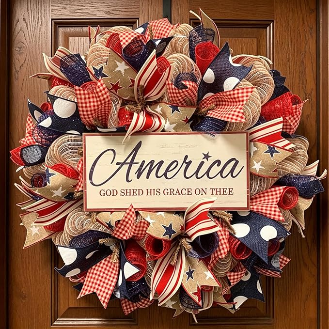250th Anniversary Patriotic Wreath, 1776-2026 American Independence Day Wreath,16 in Red White Blue Front Door Wreath, Indoor Outdoor Home Decor for 4th of July, Memorial Day, Veterans Day (C)