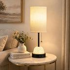 SIBRILLE Table Lamp for Bedroom, Dual Light Nightstand Lamp with Fabric Shade & Ceramic Carved Night Light Base, Individual Controls Bedside Lamp for Living Room, 8W LED Bulb Included