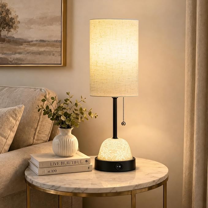 SIBRILLE Table Lamp for Bedroom, Dual Light Nightstand Lamp with Fabric Shade & Ceramic Carved Night Light Base, Individual Controls Bedside Lamp for Living Room, 8W LED Bulb Included