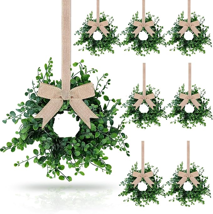 8 Pcs Mini Boxwood Wreath Green Table Centerpieces Spring Pillars Candle Rings Wreaths 9 Inch Wreath for Cabinets Farmhouse Wreaths with Ribbon for Front Door Porch Wall Window Decorations