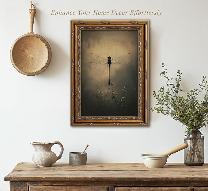 Vintage Gold Framed Wall Art Retro Dark Dragonfly Painting Canvas Prints Gothic Insect Picture Wall Decor Rustic Farmhouse Animal Poster Artwork for Living Room Bedroom Bathroom, 16x24in