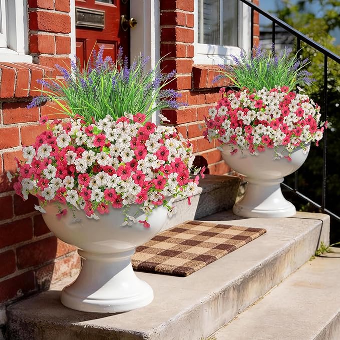 INQCMY Artificial Flowers for Outdoors UV Resistan 12 Pcs Silk Daisies with Eucalyptus Leaves and 2 Pcs Lavender Suitable for Porch Balcony Courtyard Garden (Rose Red White)