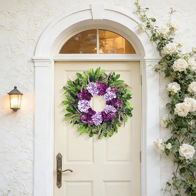 Summer Wreaths for Front Door, 24 Inch Summer Wreath Purple Floral with Hydrangea Ranunculus Flower Summer Door Wreaths for Porch Entryways Wall Window Farmhouse Party Home Seasonal Decor