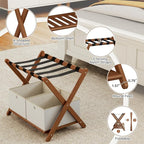 Fully Assembled Walnut Luggage Racks Set of 2 with 4 Storage Boxes, 26.77" Bamboo Luggage Rack Stand for Guest Room, 5 Nylon Straps, Folding Suitcase Stand with Storage Shelf for Bedroom Hotel