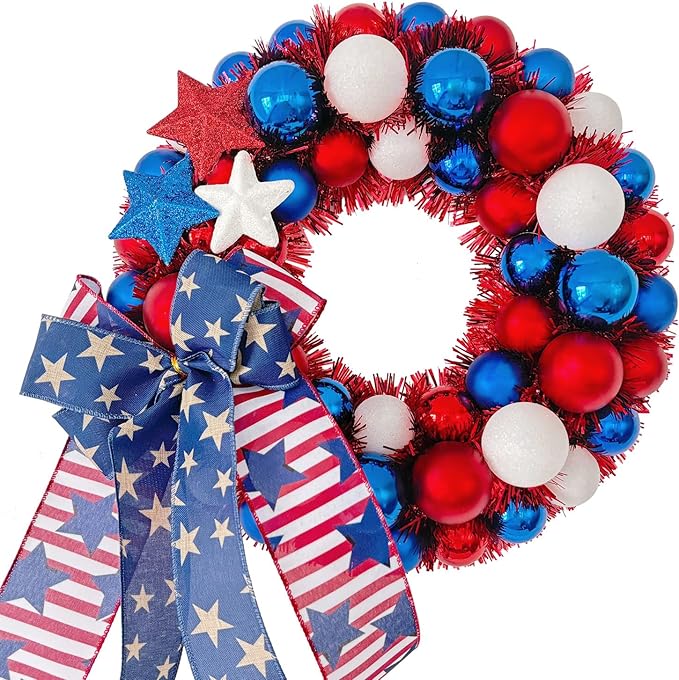 HipTree 13 Inch Patriotic Ball Wreath for Front Door with Lights, 4th of July Wreath with Red White Blue Stars & Ribbon for Memorial Day, Independence Day,Veterans Day, Flag Day,Summer Decorations