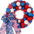 HipTree 13 Inch Patriotic Ball Wreath for Front Door with Lights, 4th of July Wreath with Red White Blue Stars & Ribbon for Memorial Day, Independence Day,Veterans Day, Flag Day,Summer Decorations