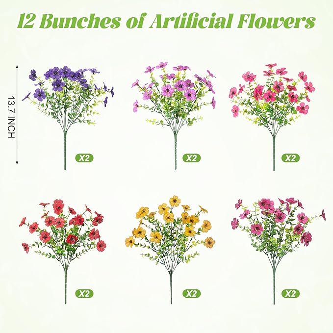 Artificial Flowers for Outdoors Spring Decoration, 12 Bundles Fake Flower Daisy with Realistic Eucalyptus Leaves, Faux Plants for Greenery Boxwood Porch Patio Garden Pot Lawn