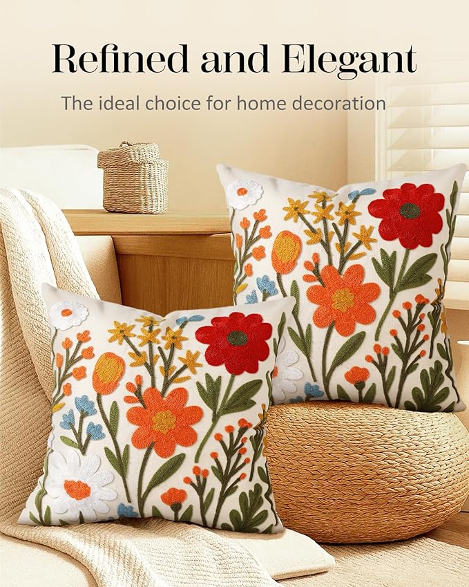 Embroidered Throw Pillow Covers 18x18 Inch - Set of 2 Summer Spring Boho Decorative Pillow Covers with Zipper for Living Room Couch Sofa Bed Aesthetic Design Flower Cluster Cushion Pillowcases