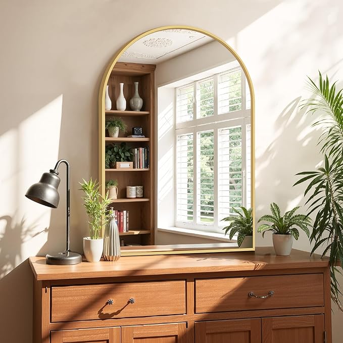 Bathroom Mirror for Wall, 30x20 Inch Arched Mirror, Matte Gold Metal Framed Bathroom Vanity Mirror for Restroom Farmhouse, Anti-Rust, Tempered Glass, Hanging or Leaning