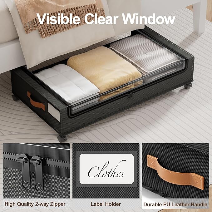 LAMU Under Bed Storage with Wheels, 4 Pack Under Bed Storage Containers with Clear Lid, XXL 60L Underbed Storage Bins, Rolling Under Bed Metal Drawers for Clothes, Blankets, Shoes, Black