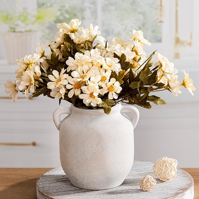 Ceramic Flower Vase Home Decor - 6 Inch Farmhouse Rustic White Table Vases with Handle Living Room Decoration Decorative Vintage Pottery for Kitchen Shelf Coffee Dining Desk Bookshelf Fireplace