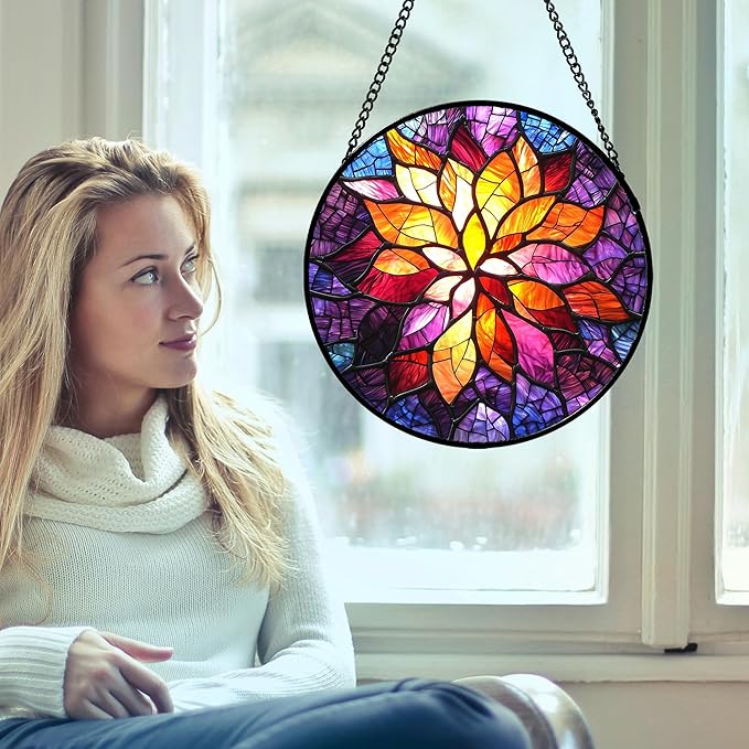 Stained Glass Window Hanging, Fuchsia Abstract Flowers Suncatcher for Window Home Decor Orange Sun Catcher Mother's Day Birthday Gifts for Women Men Mom Nana 9.8 in