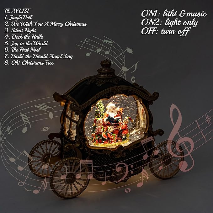 Christmas Santa Snow Globe, Green&Gold Carriage Musical Lighted Water Lantern, Swirling Glitter, USB Powered and Battery Operated, Xmas Home Décor Gift(Green Car)