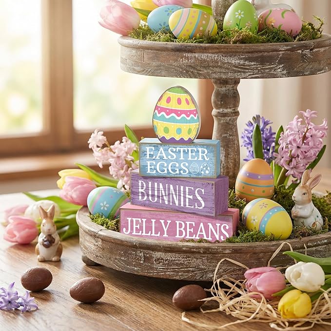 Lineshading 4 Pcs Easter Table Decoration Wooden Pastel Egg - No Assembly Required Reusable Happy Easter Tiered Tray Decor, Perfect for Home Kitchen Shelf Party Farmhouse Centerpieces & Holy Week Gift
