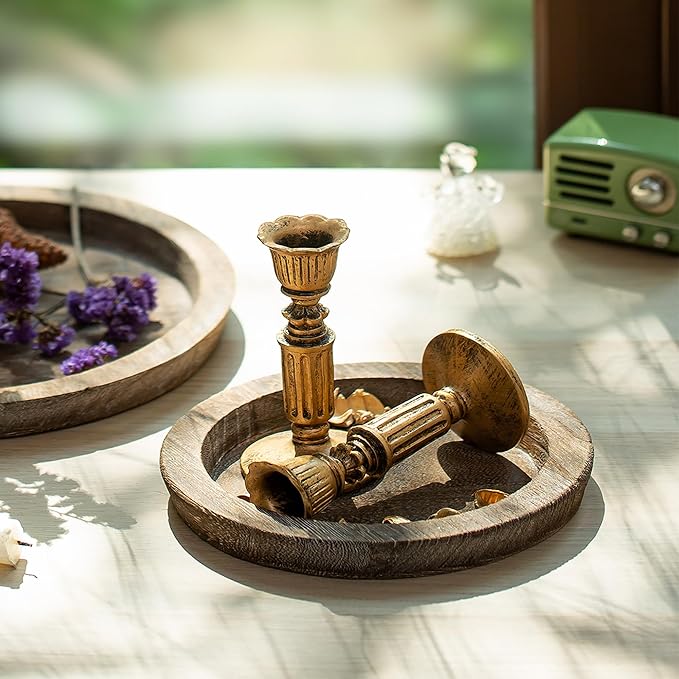 Hanobe Candle Plate Holder Tray: 7.9" Small Round Wood Decorative Candle Trays - Rustic Farmhouse CoffeeTable Decor - Candlestick Pillar Holder for Centerpiece Home Decor