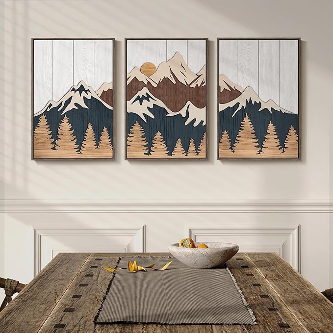 Framed 3D Wood Mountain Textured Wall Art for Living Room, 3 Piece Farmhouse Modern Wood Artwork for Walls, Landscape Mountain Forest Sun Wall Art Decor for Home Office Bedroom Hallway, 16x24 Inch