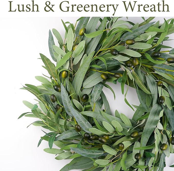 Olive Wreath for Front Door 22 inch, Greenery All Season Wreath with Olive Leaf Fruit, Home Decoration for Outdoor Living Room Indoor Wall and Outside Summer All Season Wedding