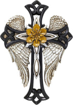 Angel Wings Cross with Flower – Decorative Resin Wall Cross with Elegant Design – Religious Home Décor for Prayer Room or Living Room – Ideal Gift for Birthdays, Christmas, and Special Occasions