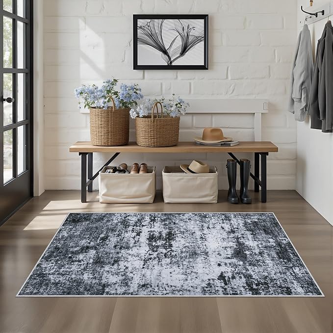 Washable Area Rug 3x5 Entryway Rug: Washable Modern Abstract Soft Thin Rug Indoor Floor No Slip Stain Resistant Carpet for Bedroom Dining Room Farmhouse Nursery Home Office - Black