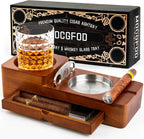 Father Day Gifts Cigar Ashtray Coaster Whiskey Glass Tray and Cigar Holder, Wooden Ash Tray, Slot to Hold Cigar, Cigar Rest Cigar Accessory Set Gift for Men Dad, Great Decor for Home(Large drawer)