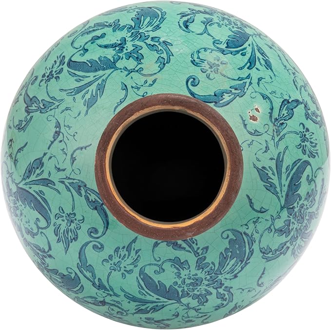 Creative Co-Op Round Decorative Terra-Cotta Vase with Transferware Pattern, Aqua
