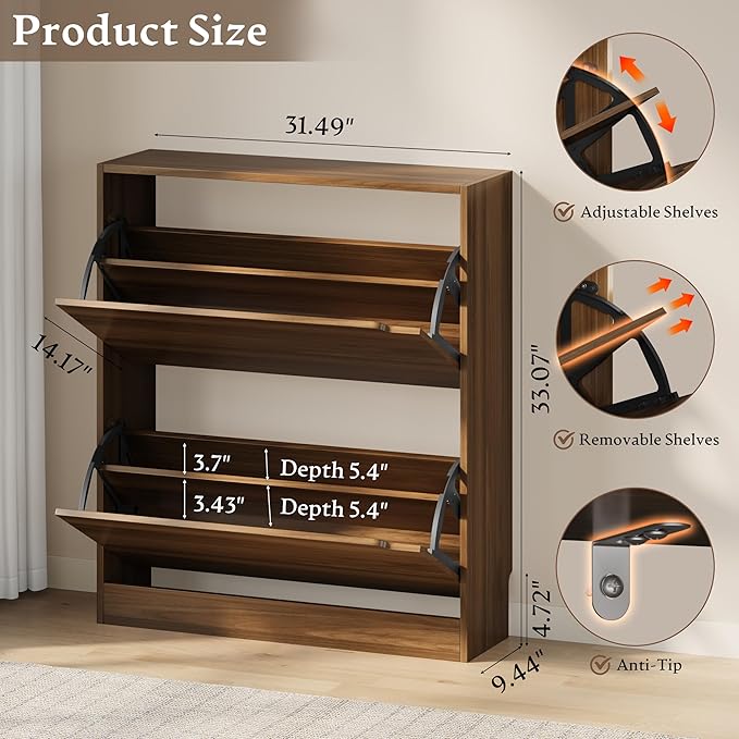 Shoe Cabinet with 2 Flip Drawers, Slim Narrow Shoe Storage Cabinet, Freestanding Shoe Organizer with Adjustable & Removable Shelves, Top Display Shelf for Entryway, Hallway, Foyer, Closet