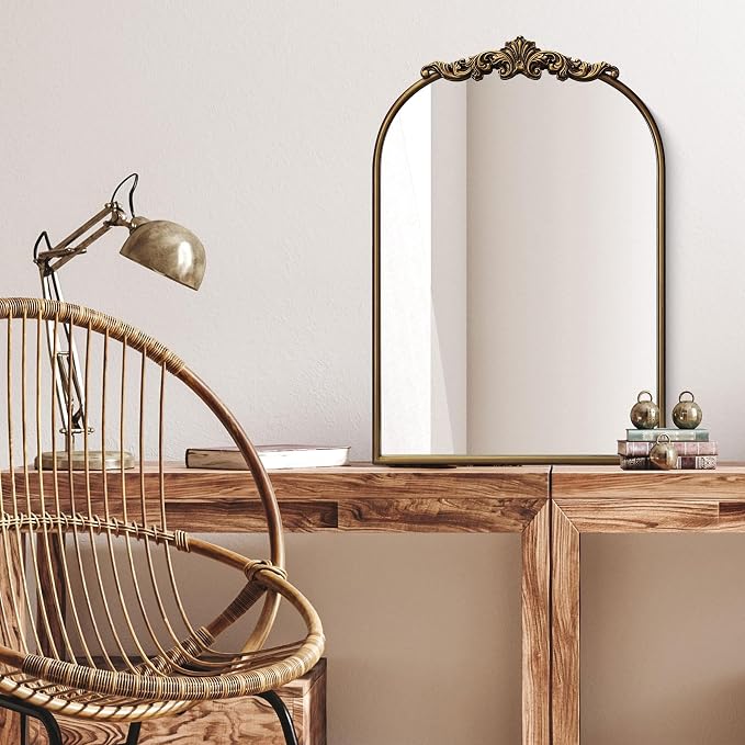 Ornate Baroque Vintage Gold Arched Wall Mirror 19"x27" – Antique Brass Vertical Decorative Mirror with Full Metal Frame, Ideal for Bedroom, Bathroom, Entryway, or Hallway
