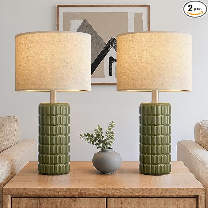 23" Modern Ceramic Table Lamps Set of 2 - Table Lamps for Living room, Farmhouse Bedside Night Stands Lamp for Bedroom, White Boho Nightstand Lamps Set of 2, Desk Lamp for End Table Home Decor(Green)