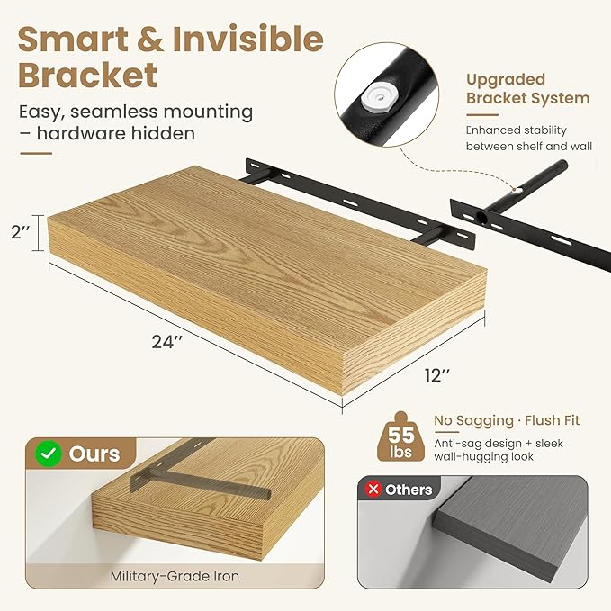 FLYJOE 24 Inch Long Floating Shelves for Wall Set of 1, 12" D Wood Grain Bathroom Shelves with Invisible Brackets, Easy Install Engineered Wood Storage Shelves for Kitchen, Living Room, Bedroom