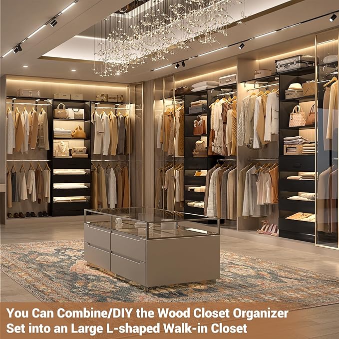 Aheaplus Closet System with 4 Drawers, 8FT Wood Closet Organizer System, 96’’ Walk-in Closet Wardrobe with Tower, 4 Hang Rods, 2 Top Shelves, Built In Closet Insert System, Fits Spaces 4-9 ft, Black