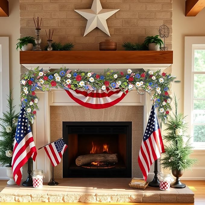 5.9Ft Artificial 4th of July Garland Wreath -Patriotic Garland with Red, White & Blue Daisies, Green Leaves, Berries & Flag Bow for Wall Table Independence Day Memorial Day Indoor/Outdoor