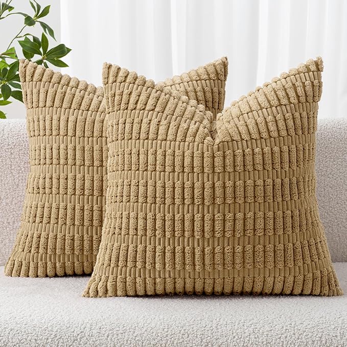 MIULEE Pack of 2 Corduroy Decorative Throw Pillow Covers 20x20 Inch Soft Boho Striped Pillow Covers Modern Farmhouse Home Decor for Sofa Living Room Couch Bed Khaki