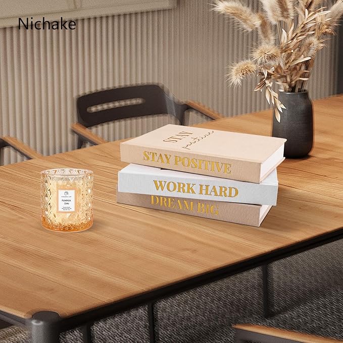 Set of 3 Linen Covered Decorative Books for Home Office Decor-Gold Foil Stamping Decor Books,Motivational Office Decor for Women Men Neutral Book Decor for Coffee Tables and Book Shelf