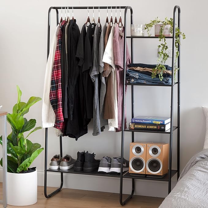IRIS USA Clothes Rack with 4 Metal Shelves, Freestanding Clothing Racks for Hanging Clothes, Easy to Assemble, Standing Metal Sturdy Garment and Accessories Rack, Small Space Storage Solution, Black