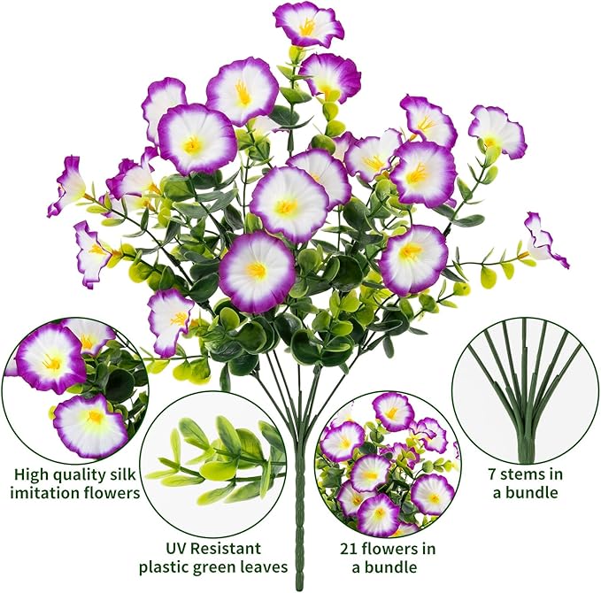 Lnoicy Artificial Flowers for Outdoor 12 Bundles Eucalyptus Fake Flowers for Planter,UV Resistant Fake Morning Glory for Home/Porch/Garden Decoration（Purple/White）