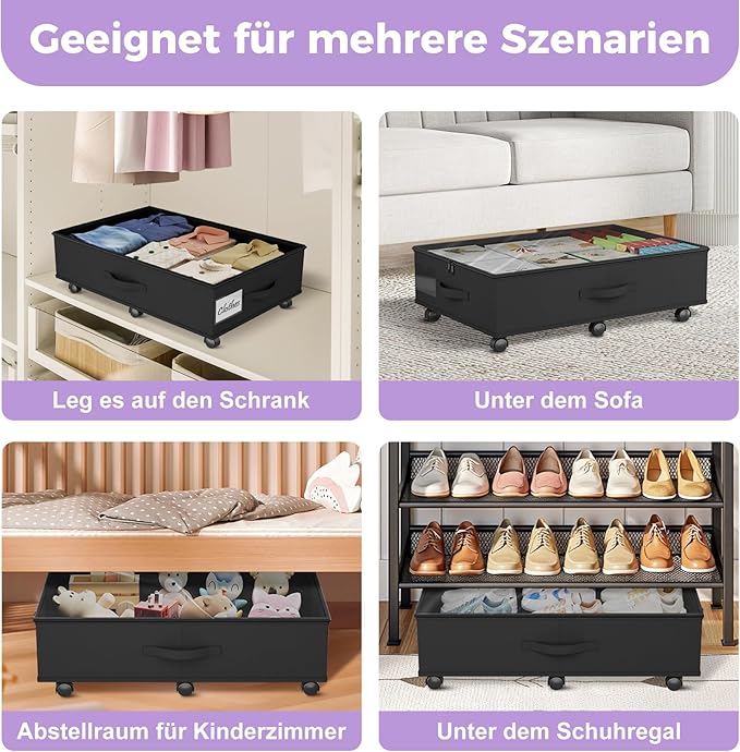 Babenest 2-Pack Under Bed Storage Organizer with Clear Zippered Lid, Foldable Rolling Underbed Drawers on 6 Wheels, Space Saving Clothes, Shoes, Toy Storage for Bedroom, Dorm, Closet